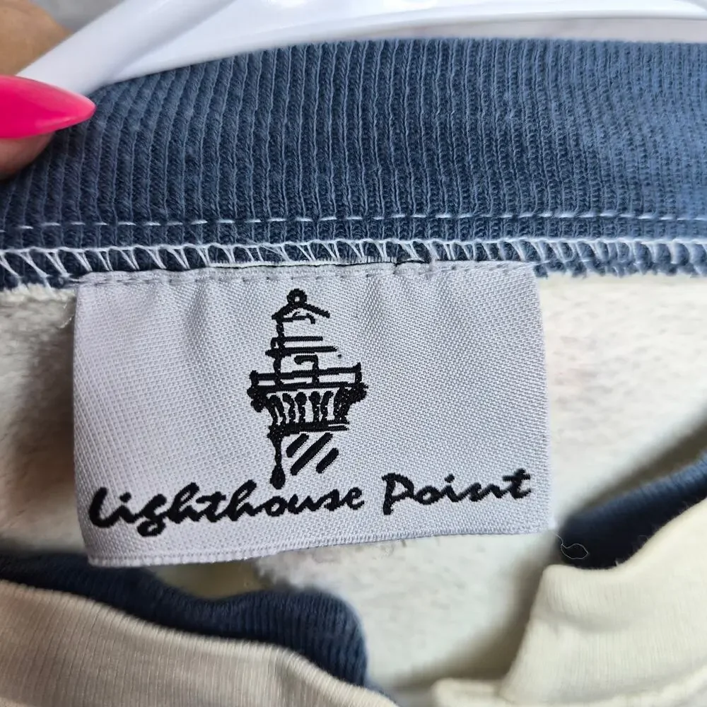 Vintage Lighthouse Point Sweatshirt Cardigan M Coastal Grandma Cream Nautical 90